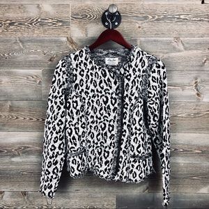 LUCKY BRAND Lucky Lotus Moto Jacket. Black and White Leopard Print.